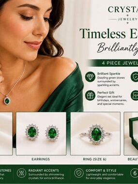 Emerald Green Crystal Ring (size 6), Necklace & Earring Set - Timeless Elegance